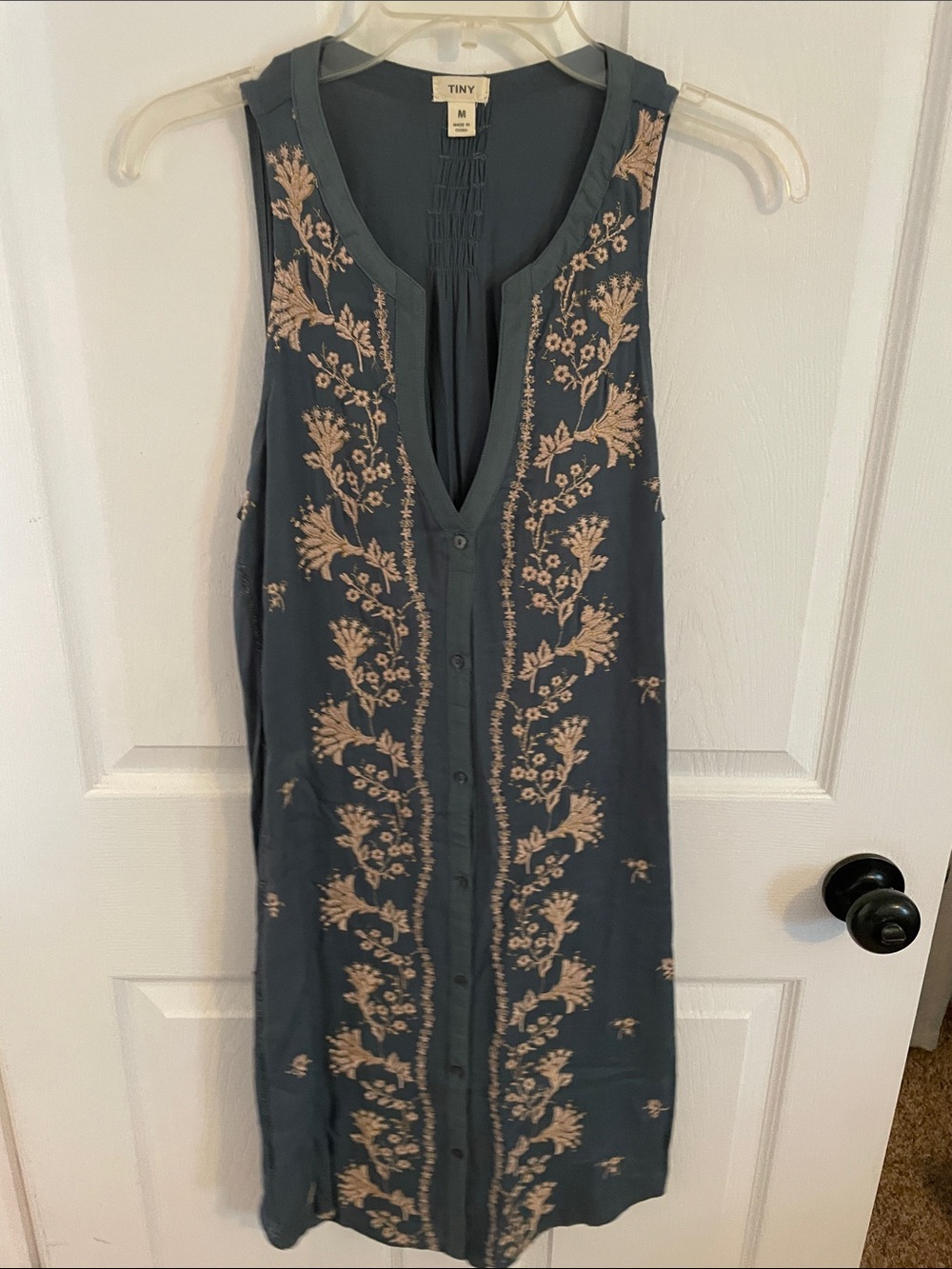 Tiny Sleeveless Embroidered V-Neck Midi Dress in Teal with Cream Embroidery